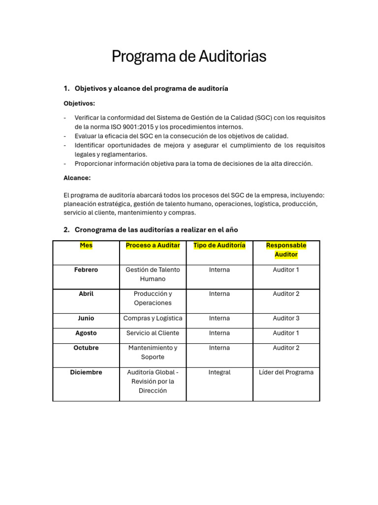 Programa de Auditorías ISO 9001:2015 | PDF | Contralor | Auditoría