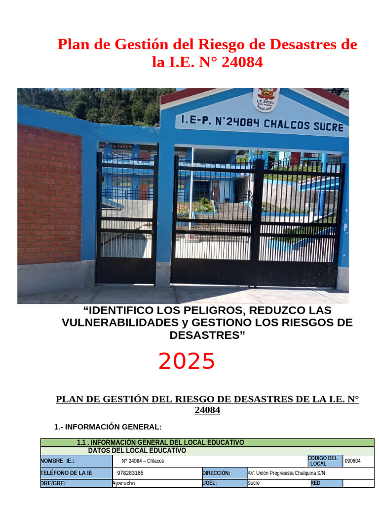 PLAN DE GESTION DEL RIEGO DE DESASTRES 2025, I.E.N°24084 | PDF | Riesgo ...