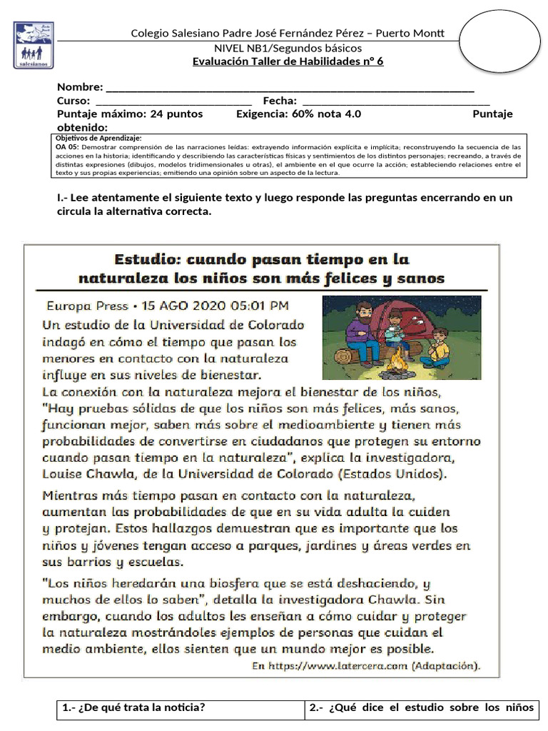Evaluación de Comprensión Lectora NB1 | PDF | Ciencia cognitiva ...