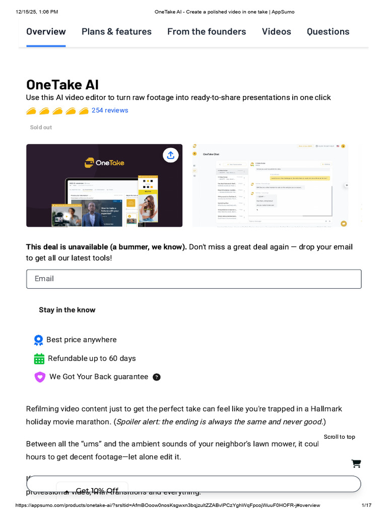 OneTake AI - Create a Polished Video in One Take _ AppSumo | PDF | Video