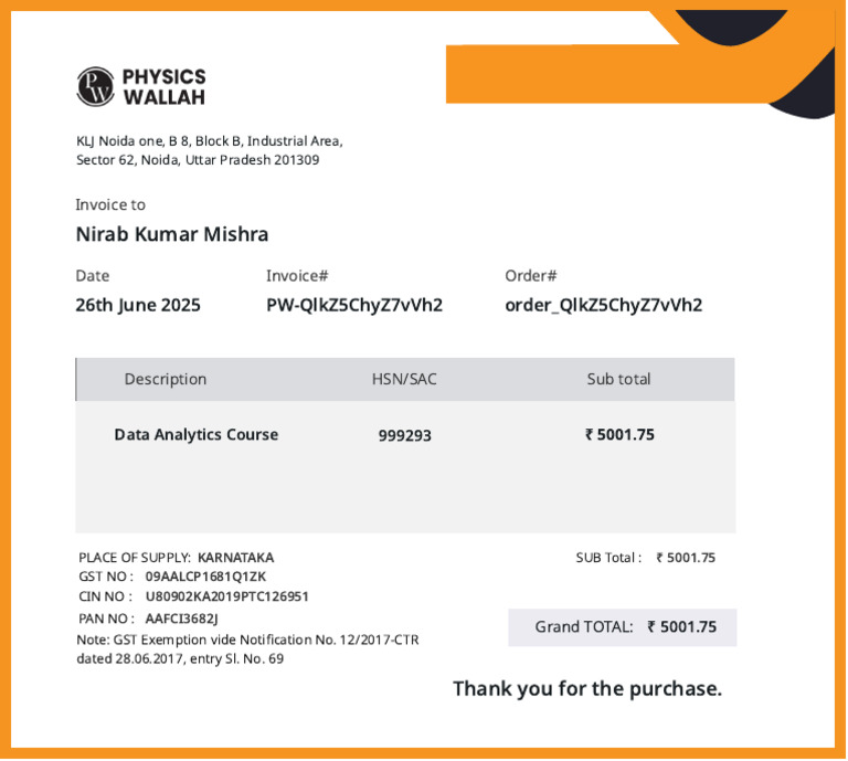 Invoice for Data Analytics Course | PDF