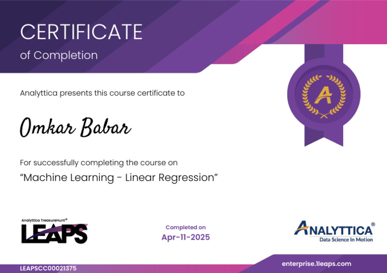 Machine Learning Course Completion Certificate | PDF