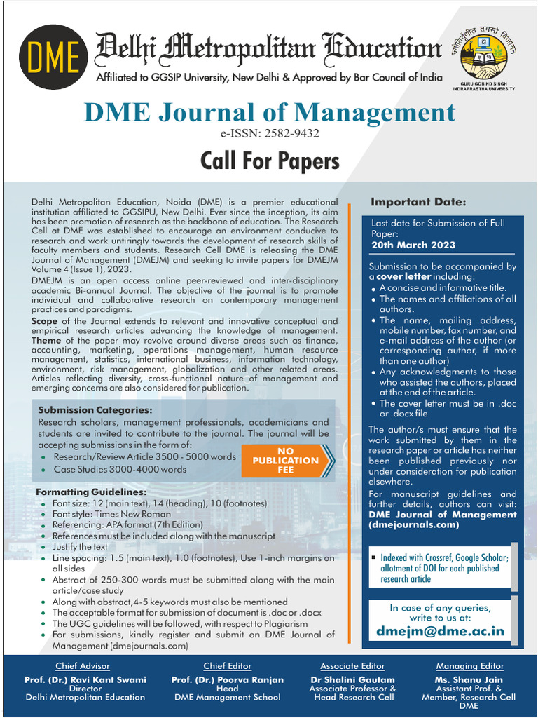 Call for Papers: DME Journal of Management | PDF | Academia