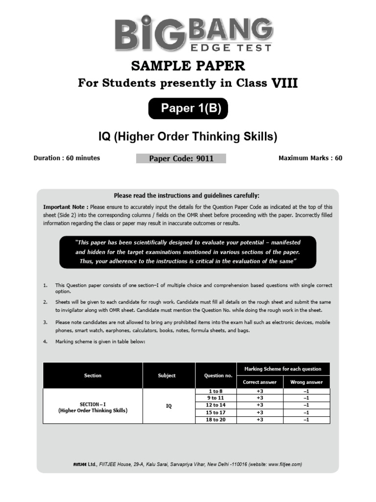 Class VIII IQ Sample Paper Guide | PDF