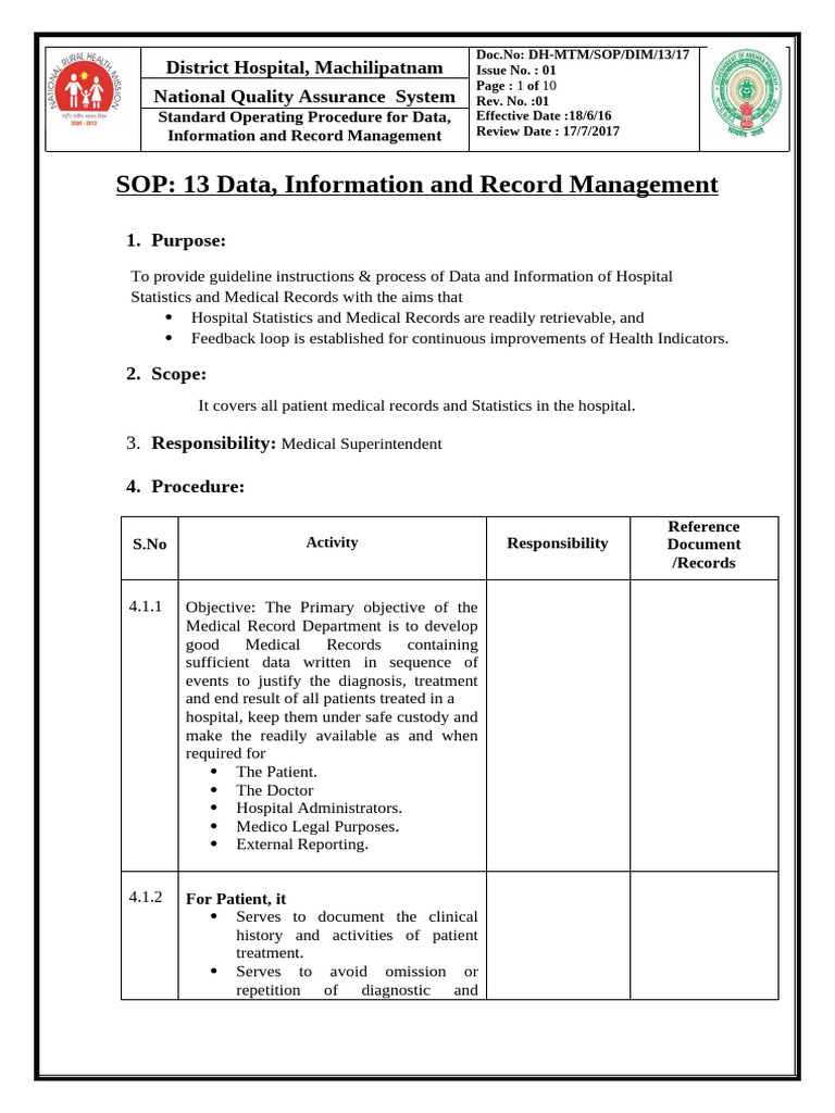 SOP for Hospital Data Management | PDF | Medical Record | Hospital