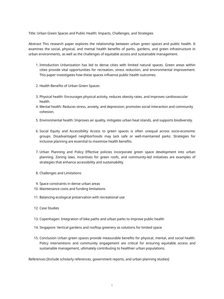 Research Paper - Urban Green Spaces and Public Health | PDF