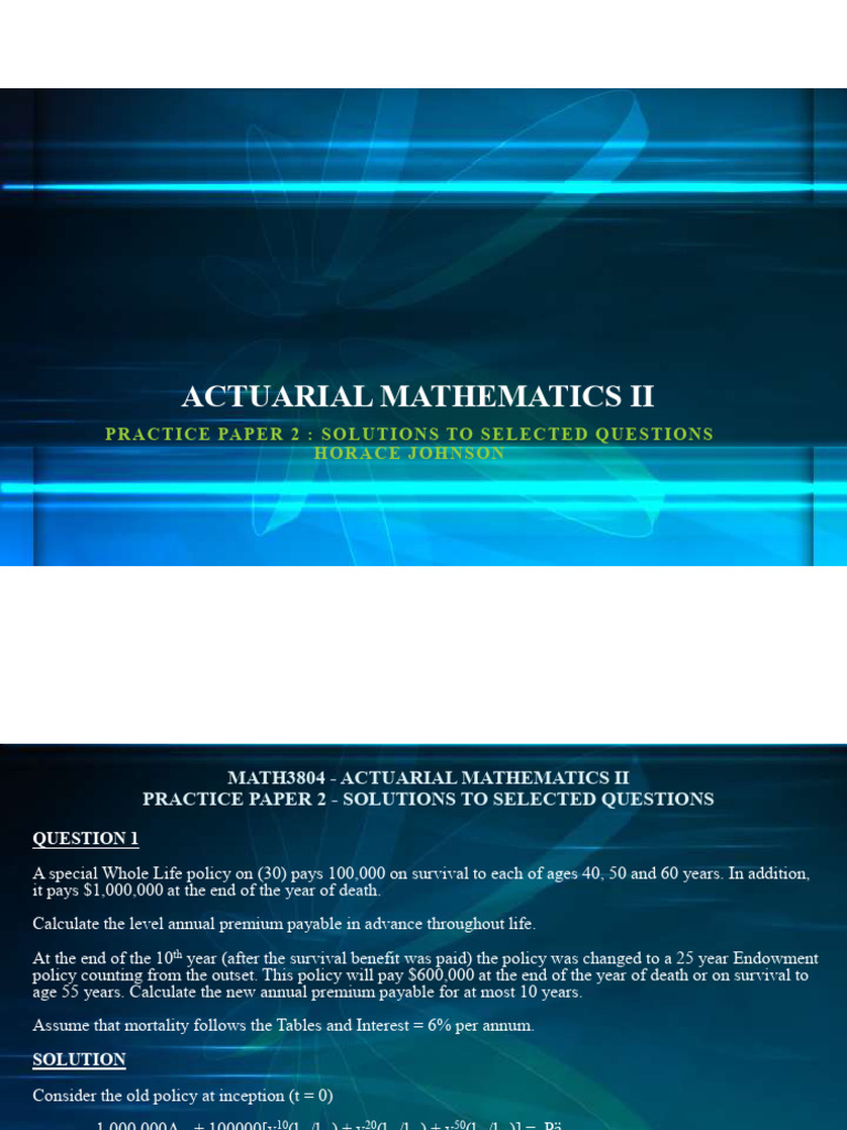 Actuarial Mathematics II Solutions Guide | PDF | Insurance | Financial Risk