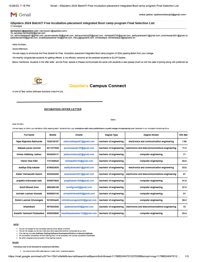 QSpiders 2024 Batch Final Selection List | PDF | Computing | Engineering