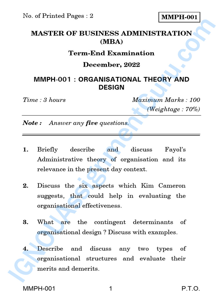 MBA Organizational Theory Exam Guide | PDF | Behavioural Sciences ...