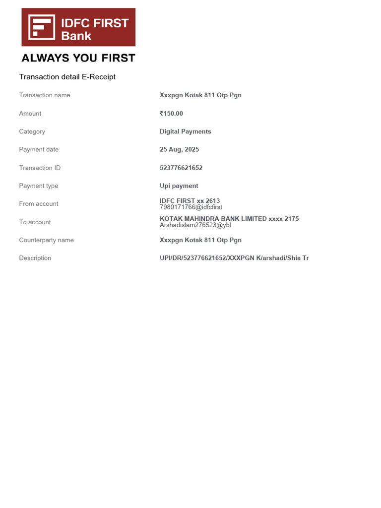 E-Receipt for UPI Payment of ₹150 | PDF