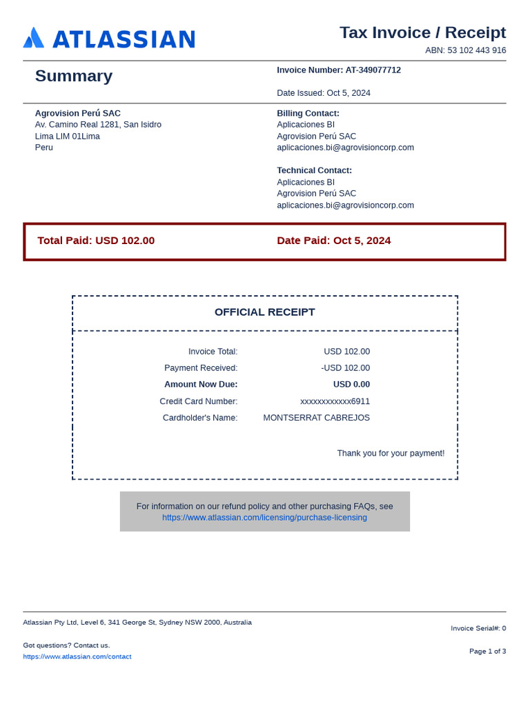 Tax Invoice for Bitbucket Subscription | PDF | Receipt | Software
