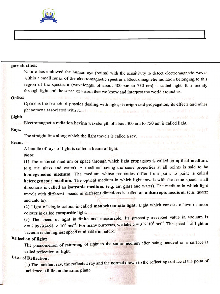 Ray Optics and Optical Instruments PHYSICS RB ACADEMY | PDF