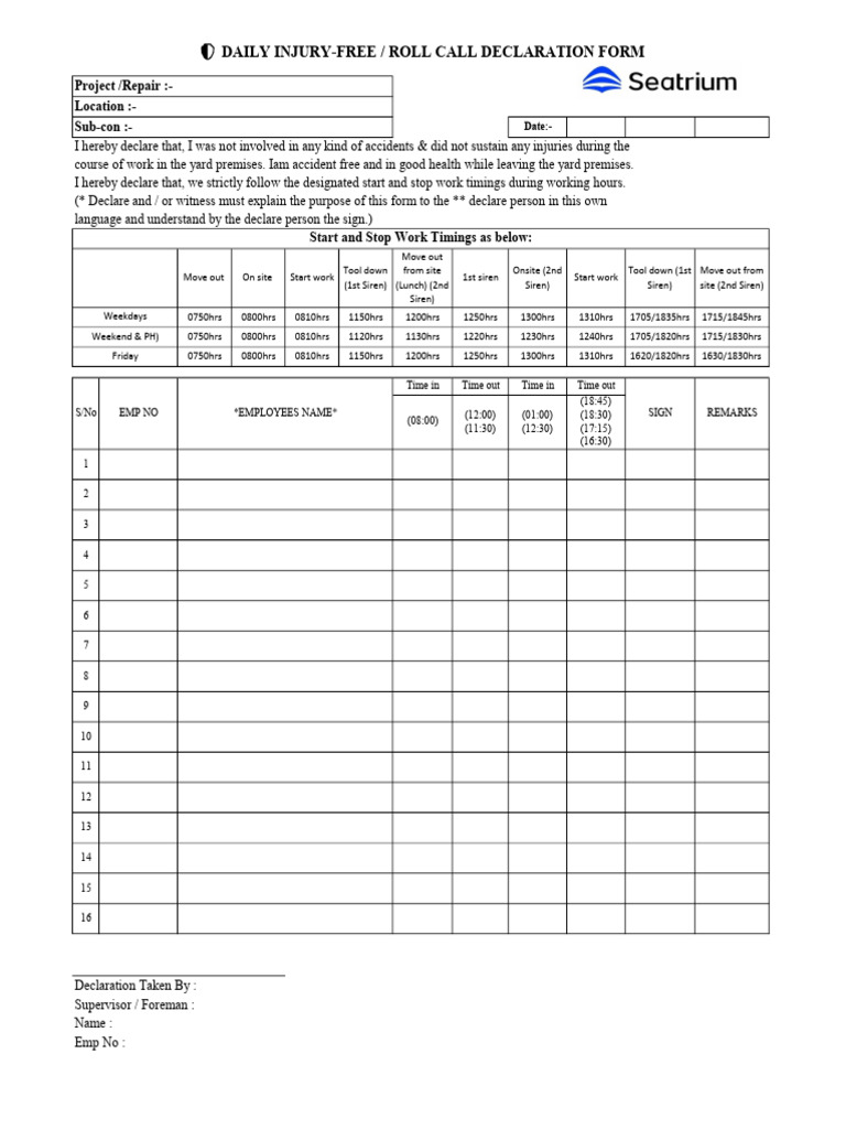 Yard & Subcontractor Injury-Free and Roll Call Form PDF | PDF | Working ...