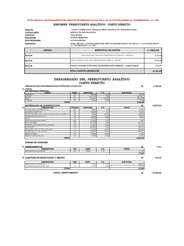 Presupuesto de Transporte y Caminos Rurales | PDF