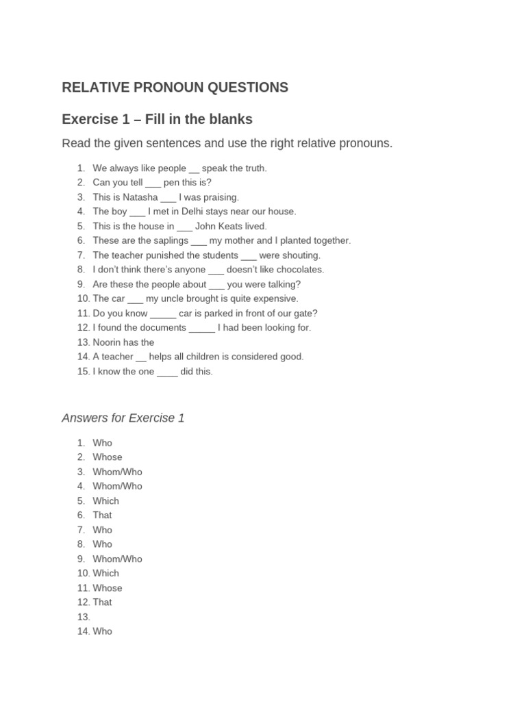 Relative Pronoun and Pronoun Exercises | PDF