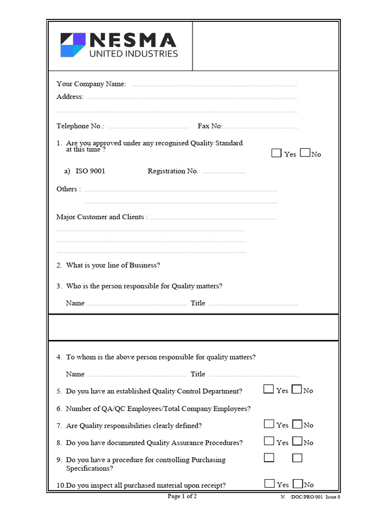 NUI DOC PRO 001 Supplier Audit Questionnaire | PDF | Chess Openings ...
