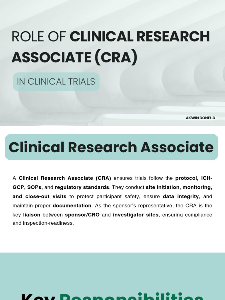 Role of Clinical Research Associate | PDF | Clinical Trial | Regulatory ...