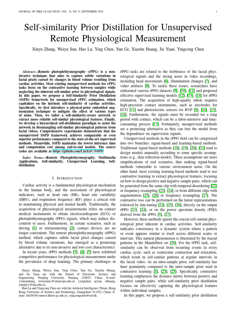 Unsupervised rPPG via Self-Similarity Distillation | PDF