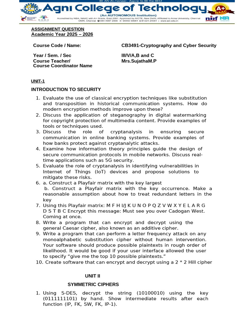 Cryptography and Cyber Security Assignment | PDF | Encryption ...