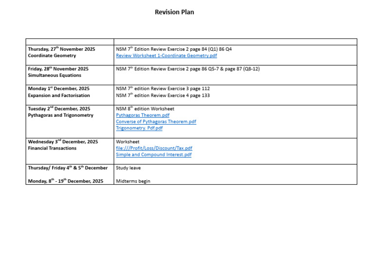 2025 Math Revision Schedule | PDF