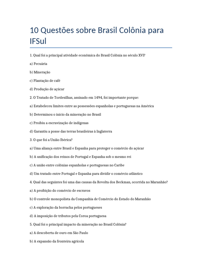 Questões sobre Brasil Colônia: Teste de Conhecimento | PDF | Escravidão ...