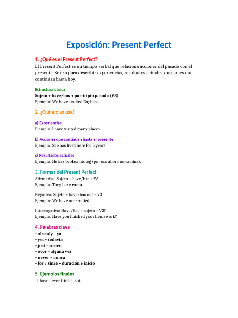 Guía del Present Perfect en inglés | PDF