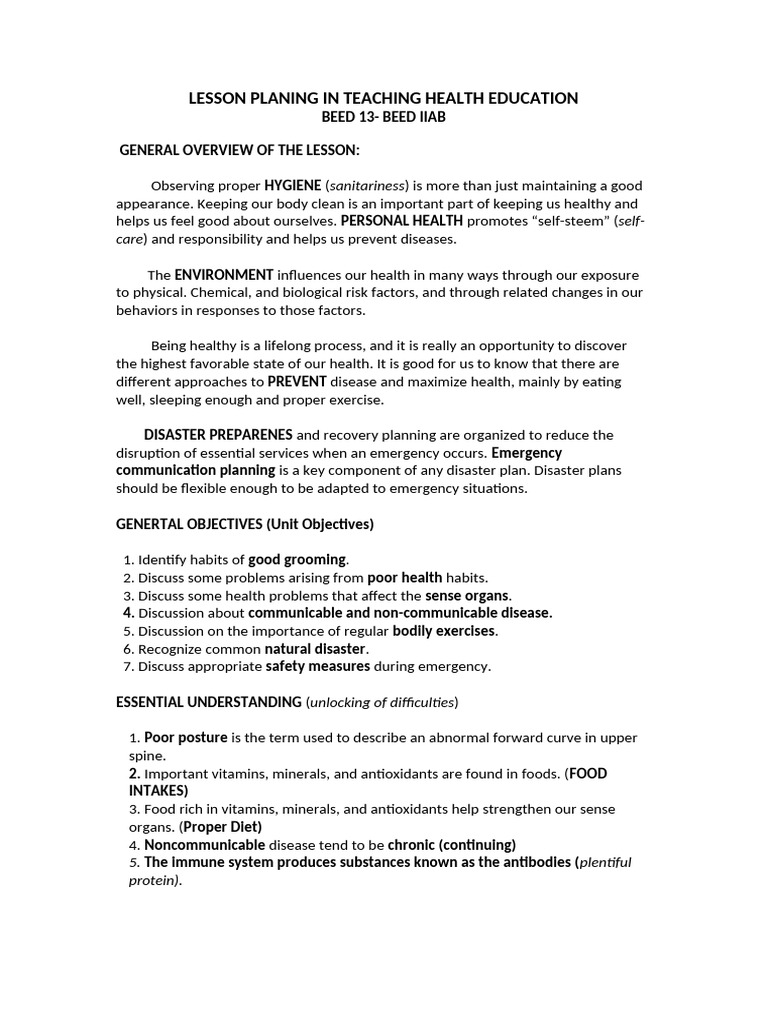 Health Education Lesson Plan Overview | PDF