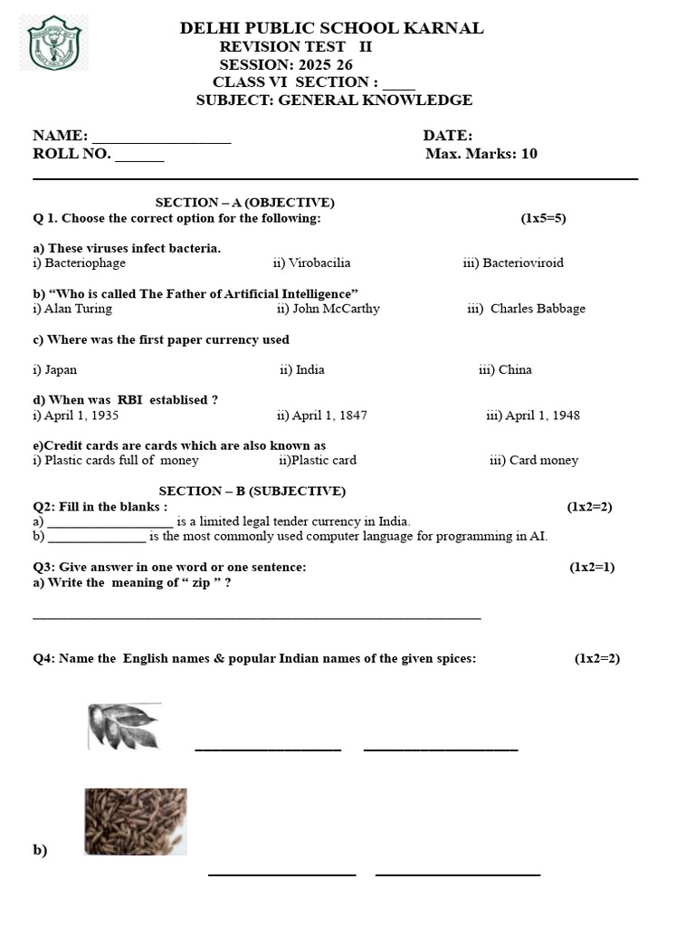 Class VI General Knowledge Test 2025-26 | PDF