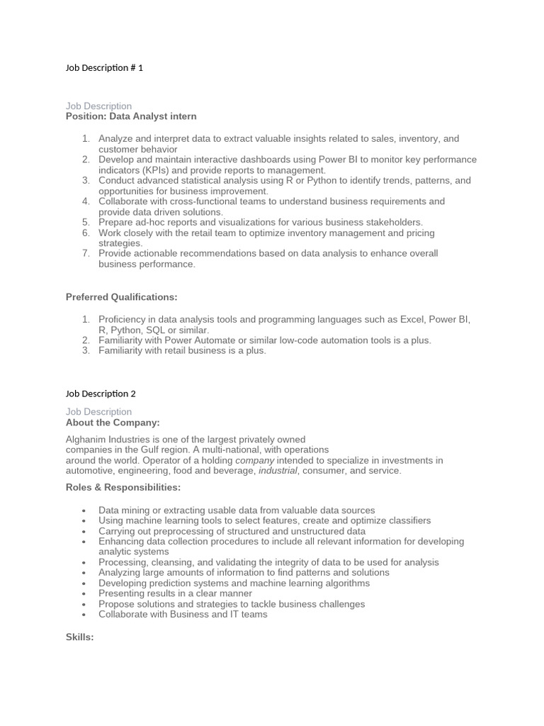 Data Analyst Intern Job Descriptions | PDF | Data | Data Analysis