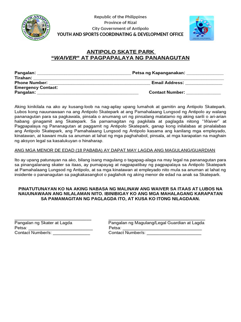 Antipolo Skate Park Waiver Tagalog | PDF