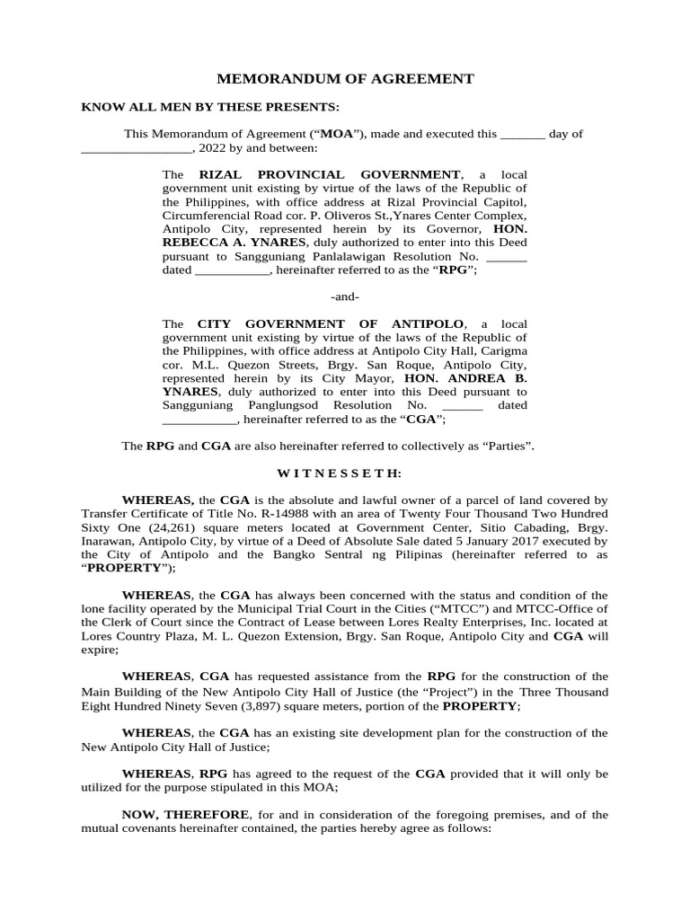 MOA for Antipolo City Hall Project | PDF | Civil Law (Common Law ...