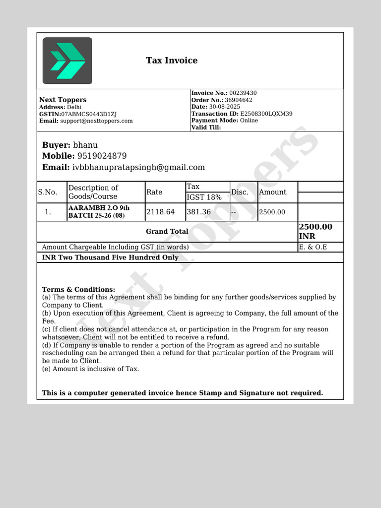 Tax Invoice for AARAMBH Course 2025 | PDF