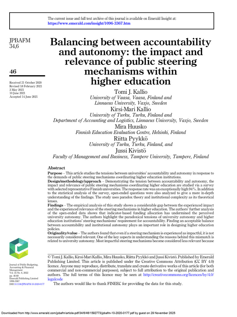 Accountability vs. Autonomy in Higher Ed | PDF | University | Finland