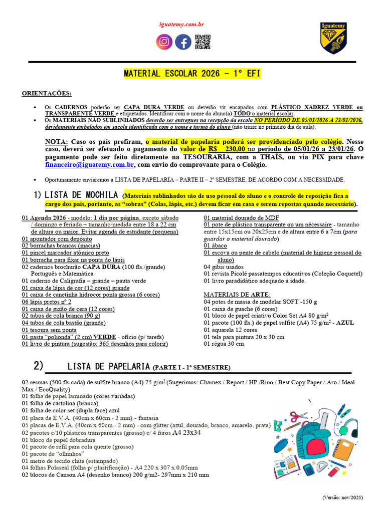 Material Escolar 2026 - 1º EFI | PDF | Técnicas artísticas