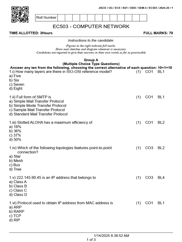 EC503 Computer Network Exam Paper 2024-25 | PDF | Internet Protocols ...