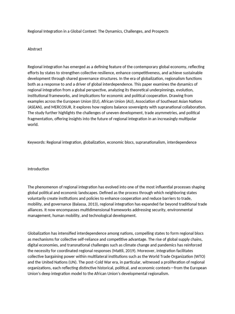 Dynamics of Regional Integration Explained | PDF | Regional Integration ...