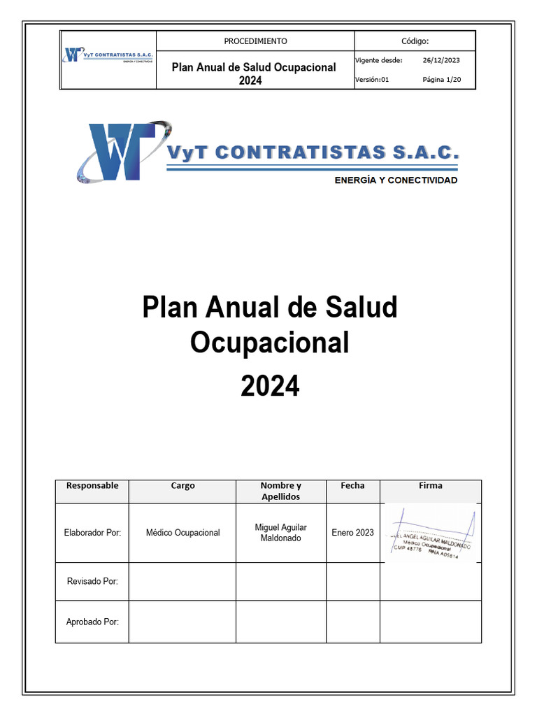Plan Anual de Salud Ocupacional 2024 - Vyt Contratistas Sac | PDF ...