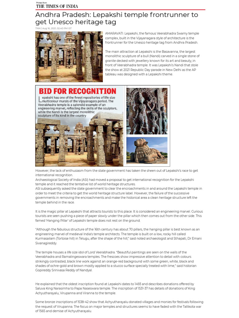 Andhra Pradesh - Lepakshi Temple Frontrunner To Get Unesco Heritage Tag ...