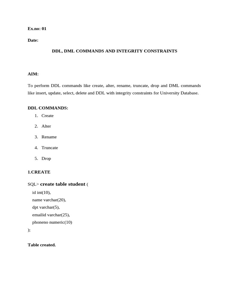 DDL, DML, and Integrity Constraints Guide | PDF | Database Index | Sql
