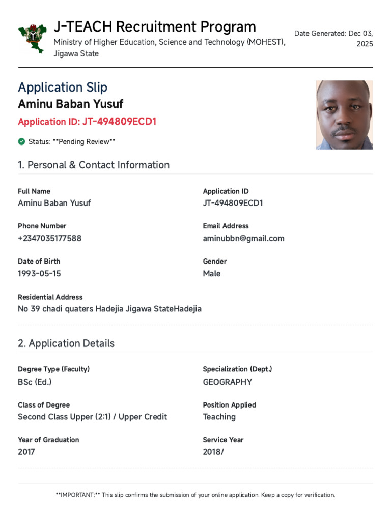 Application Slip - Aminu Baban Yusuf | PDF