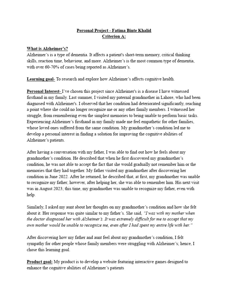 Alzheimer's Cognitive Games Project | PDF | Alzheimer's Disease | Dementia