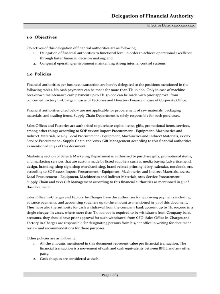 Financial Authority Delegation_Template | PDF | Procurement | Invoice