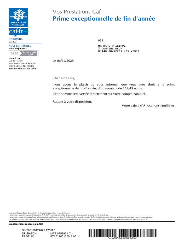 Notification de prime exceptionnelle Caf | PDF