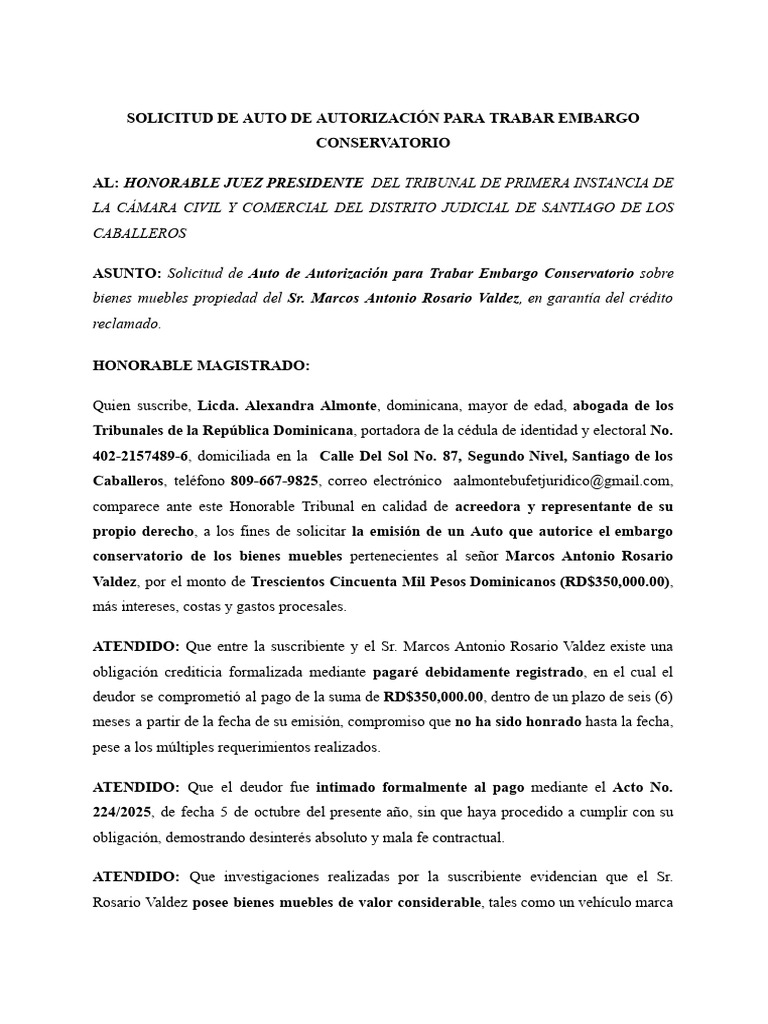 Solicitud de Auto de Autorización para Trabar Embargo Conservatorio Aa ...