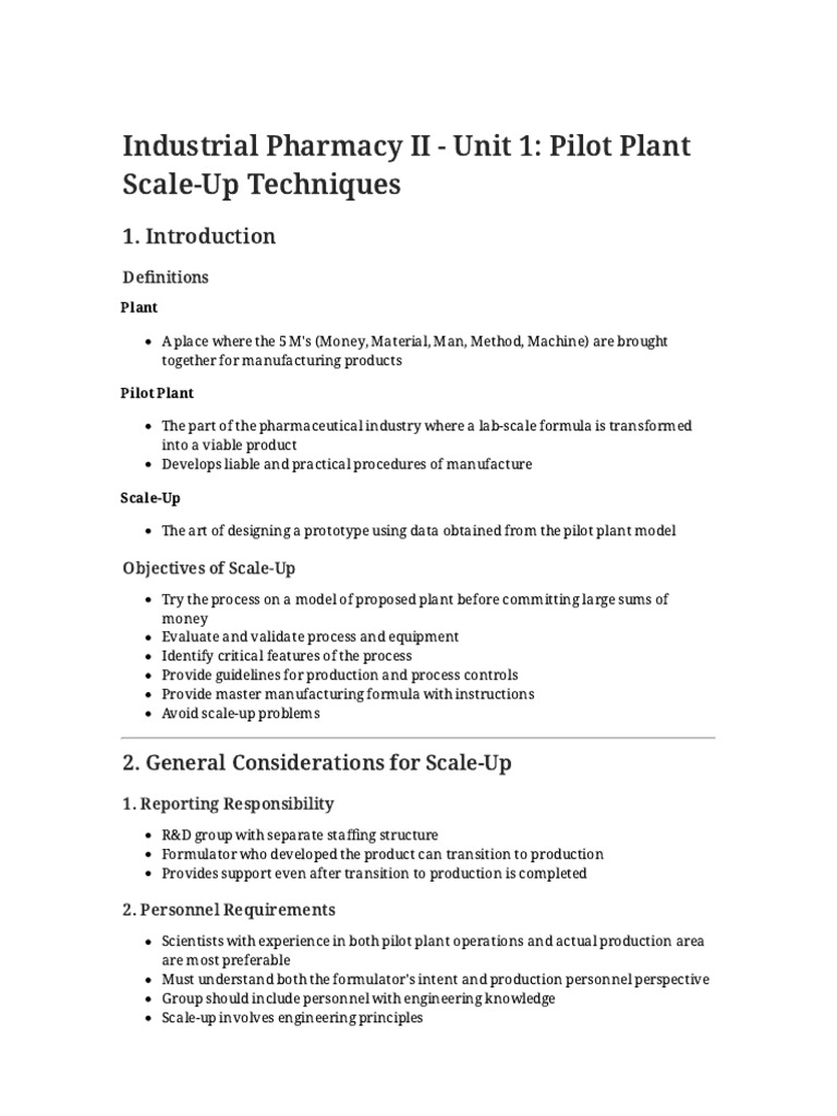 Pilot Plant Scale-Up - Unit 1 Summary | PDF | Pharmaceutical ...
