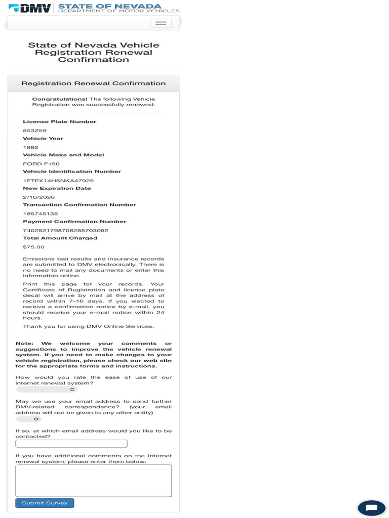 Nevada Vehicle Registration Renewal Confirmation | PDF