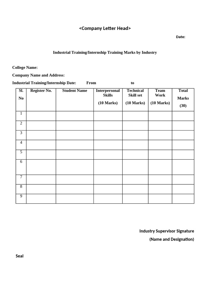 Assessment Industrial Training Internship Rubrics 2025 2026 | PDF