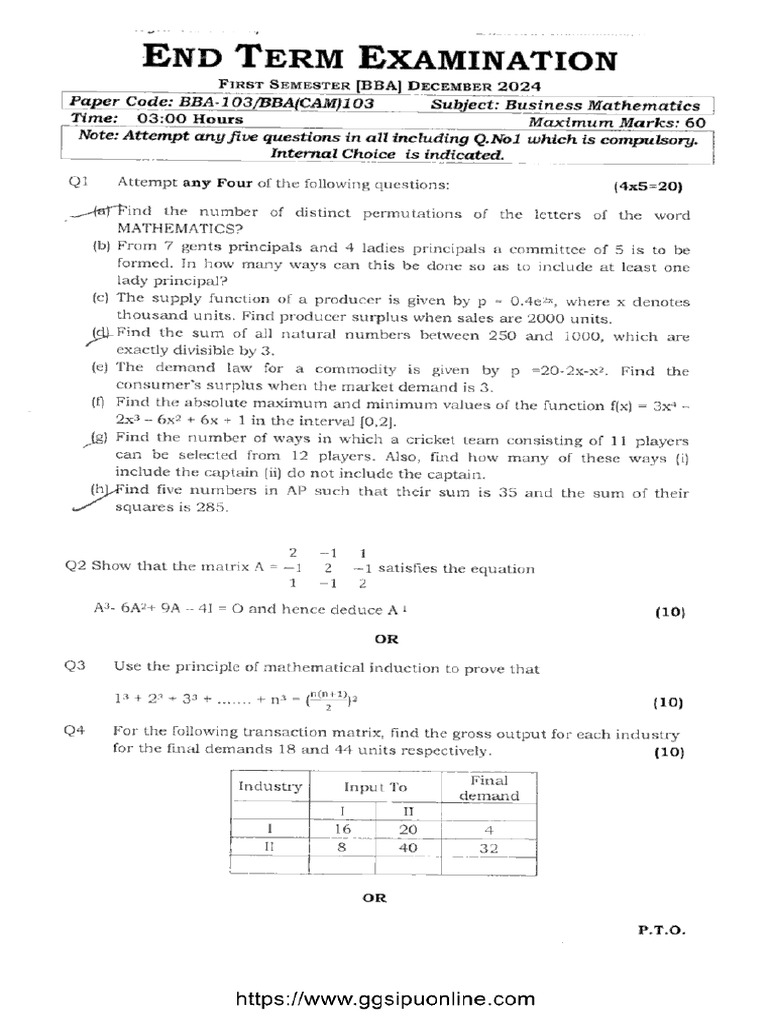 Bba 1 Sem Business Mathematics Bba 103 Dec 2024 | PDF