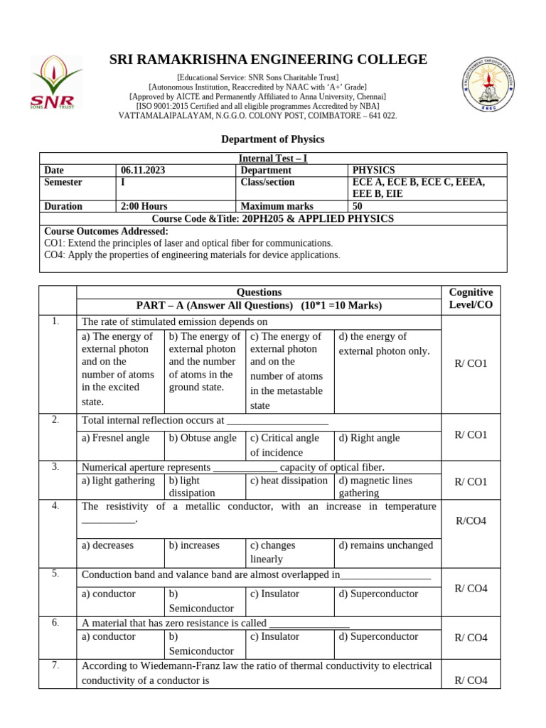 Applied Physics Internal Test 2023 | PDF | Electrical Resistivity And ...