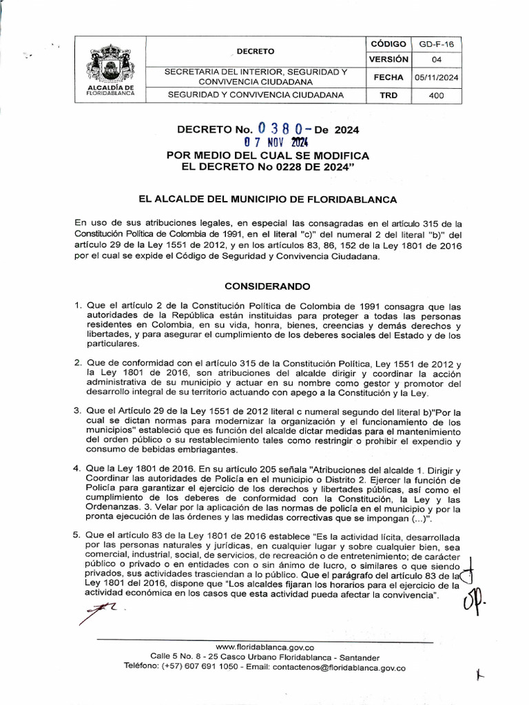 DECRETO No 0380 DE 2024 POR MEDIO DEL CUAL SE MODIFICA EL DECRETO No ...